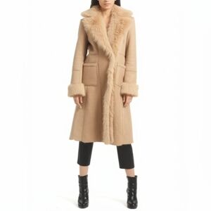 LADY HATHAWAY- Long Faux Leather Suede Coat With Faux Fur Collar - Size M